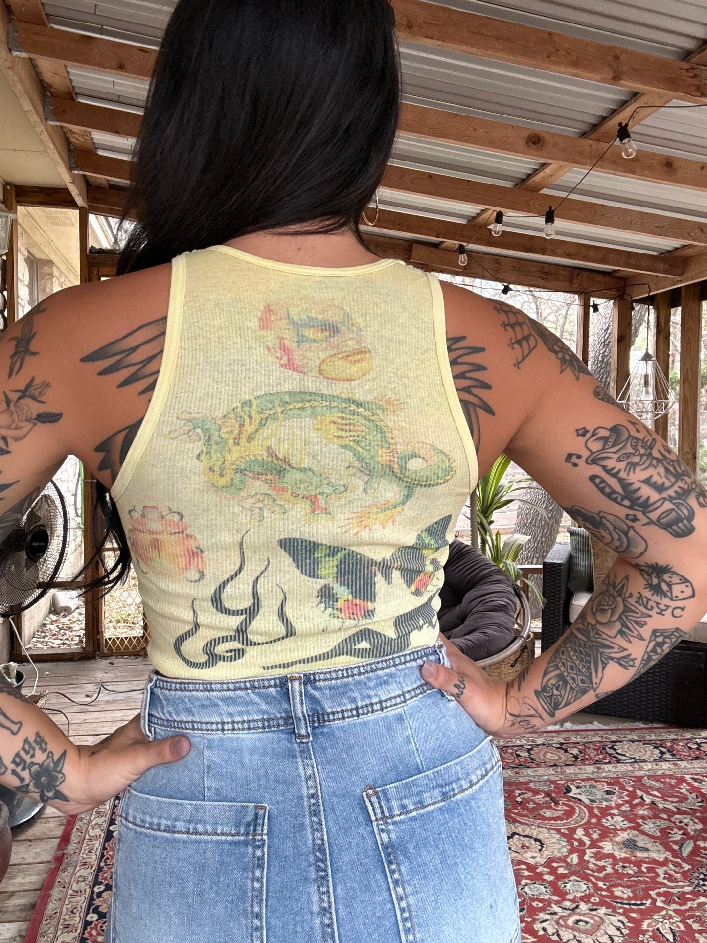 Yellow Random Design Ribbed Tank