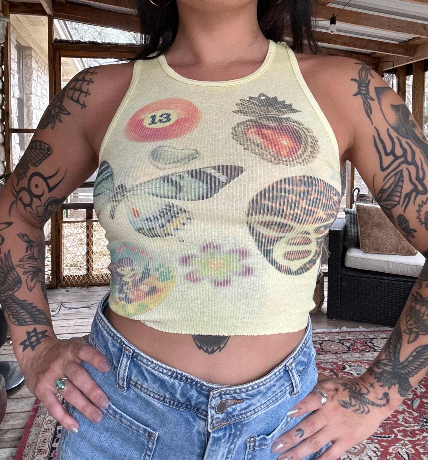 Yellow Random Design Ribbed Tank